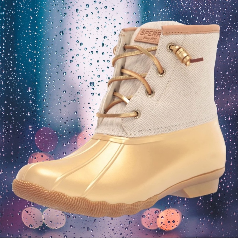 New Sperry Saltwater Metalic Gold Fleece Lined Waterproof Duck Rain Boot Sz 10